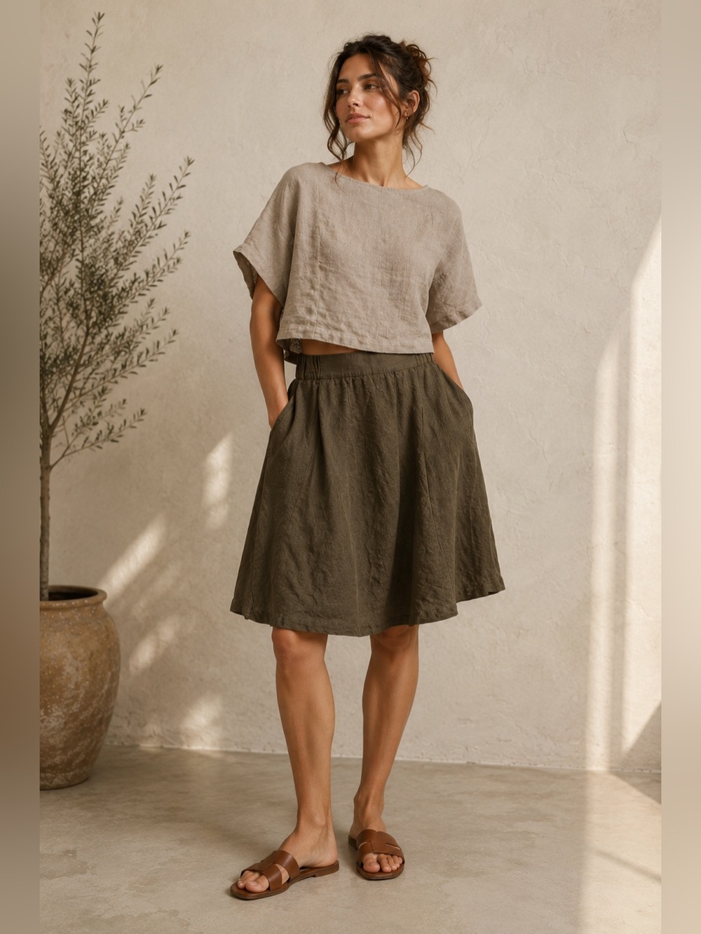 Alembika 100% Linen Olive Brown A-Line Midi Skirt Pockets